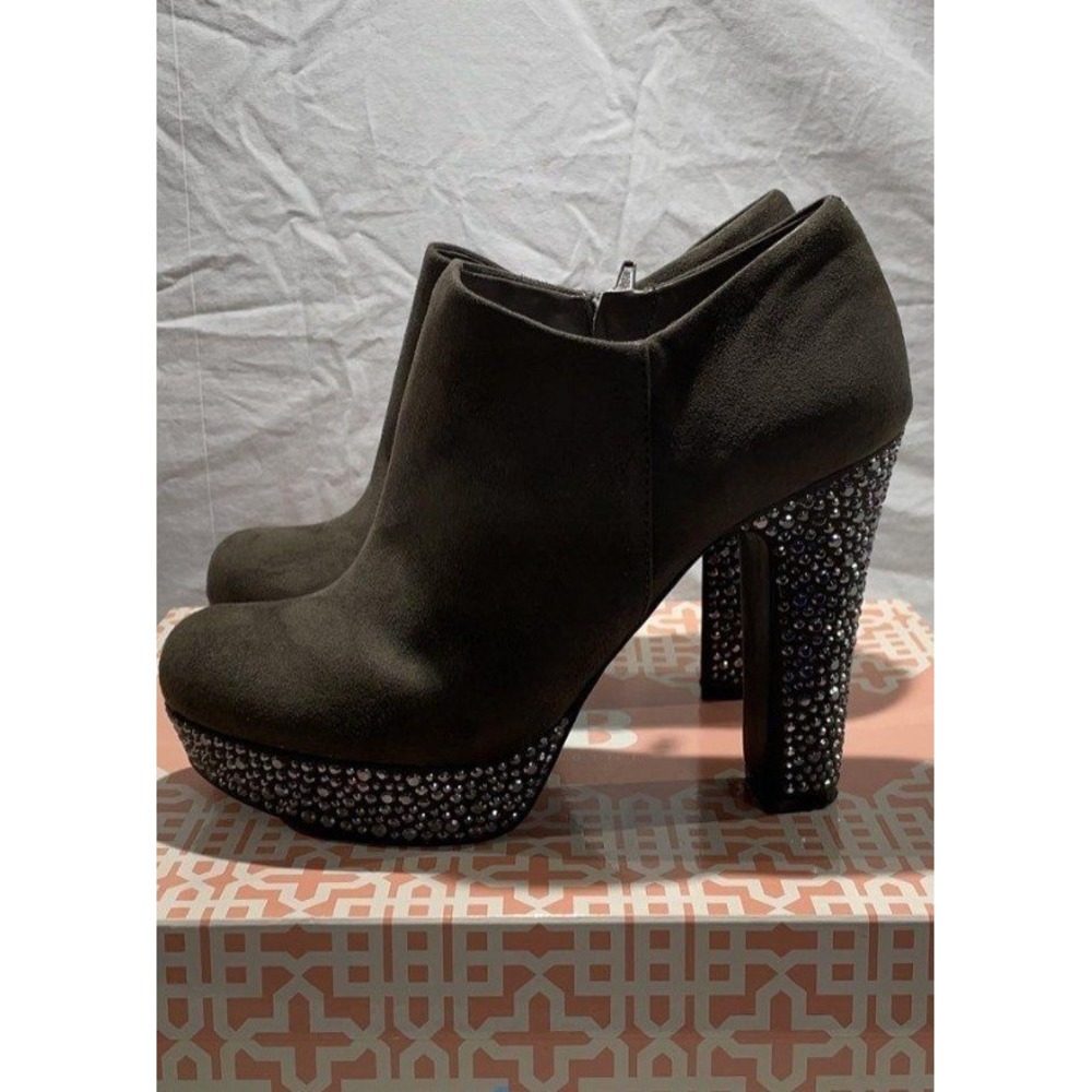 Gianni Bini Rhinestone Platform Ankle Boots Olive Green Suede Block Heel 9.5M